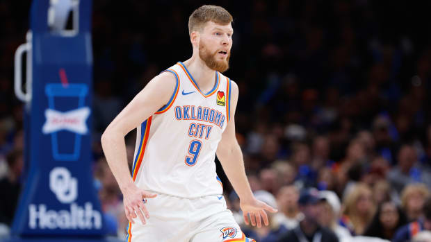 Nov 25, 2023; Oklahoma City, Oklahoma, USA; Oklahoma City Thunder forward Davis Bertans (9) during the second half against the Philadelphia 76ers at Paycom Center.